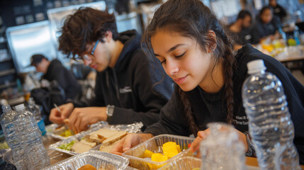 Young woman and young man sitting at table in casual dining setting, enjoying meal with sandwiches, cheese, and bottled water, focused and relaxed