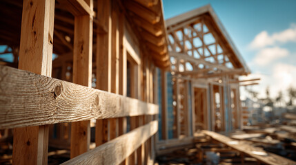 Obraz premium Wooden house frame under construction with clear blue sky and sunlight creating warm tones and shadows, showcasing detailed wood texture and building structure
