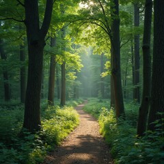 Obraz premium Sunlight filters through dense green forest canopy onto a winding dirt path. Lush undergrowth lines the trail, creating a tranquil scene for outdoor recreation and nature exploration.
