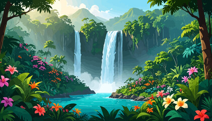Lush tropical landscape with cascading waterfalls and vibrant exotic flowers