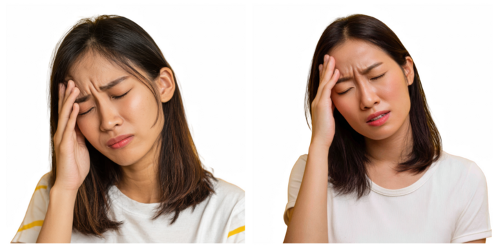 Two asian women with hands on their heads exhibiting signs of a severe headache pain