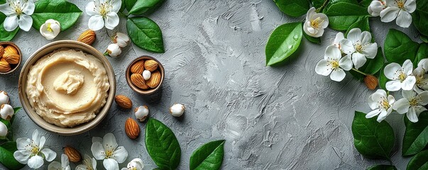 Natural shea butter with nuts displayed alongside leaves and blooming flowers
