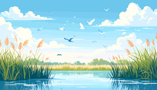Serene Wetland Scene with Birds Soaring Above Reeds and Water