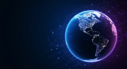 Illuminated globe showcasing North and South America at night, overlaid with a digital network pattern
