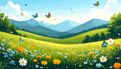 Vibrant meadow with wildflowers and butterflies against a backdrop of distant mountains