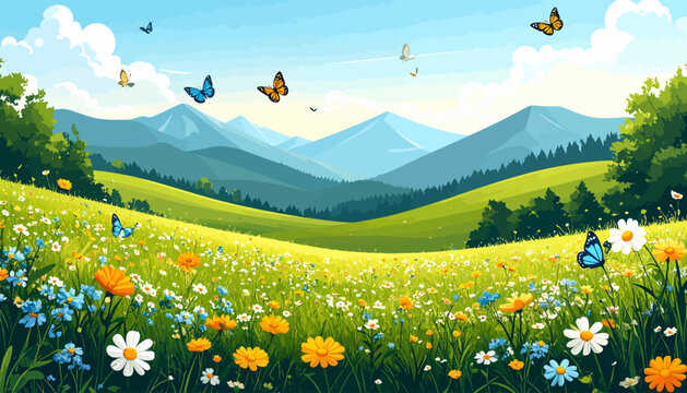 Vibrant meadow with wildflowers and butterflies against a backdrop of distant mountains