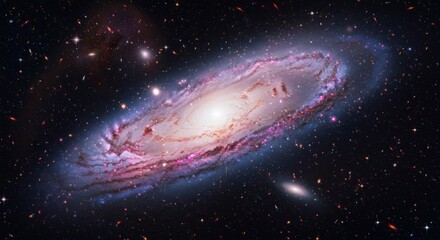 A vibrant spiral galaxy, swirling arms of gas and dust, central bright core, surrounded by distant stars and galaxies