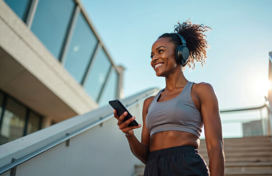 Happy African American woman listens music via headphones while holding phone on city stairs. She smiles, thinking about workout or training. Perfect for fitness apps, blogs, and social media content.
