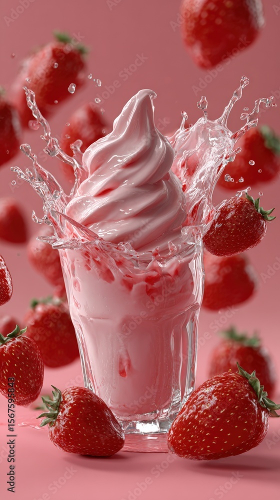 Aufkleber Fresh strawberry flavored creamy soft serve ice cream splash with ripe strawberries and pink background for dessert or summer refreshment