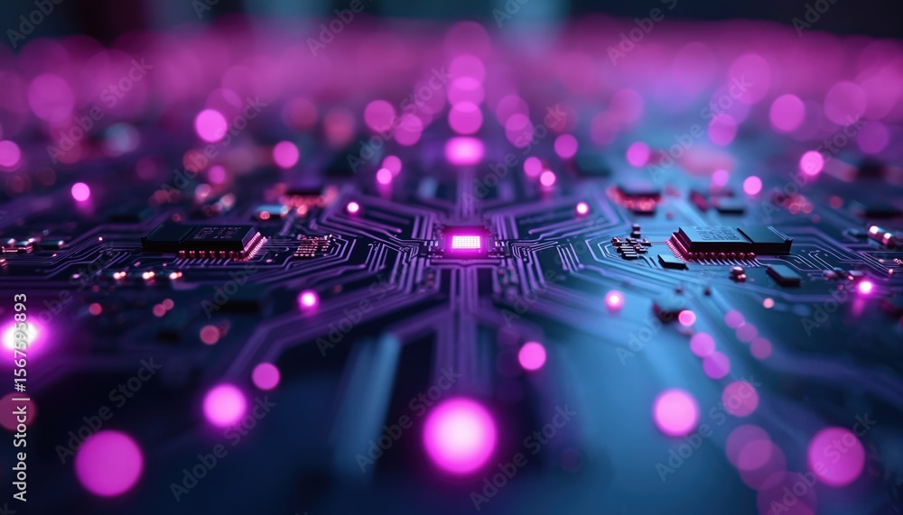 Poster futuristic circuit board with glowing purple lines, chips. abstract digital network design features 