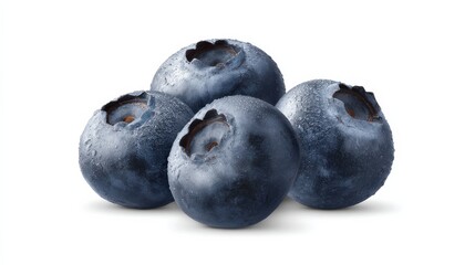 Cluster of four plump, fresh blueberries with deep blue-purple hues, glistening water droplets, star-like indented tops, vibrant texture, set against stark white background.