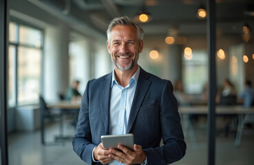 Mature businessman in suit holds digital tablet in modern office. Confident 50-year-old executive smiles at camera, working on pro finances project. Experienced manager, business owner, CEO.