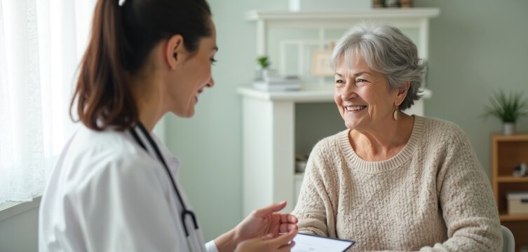 Doctor, senior patient consult in clinic office during checkup appointment. Smiling elderly female receives support, care from medical pro, fostering trust, communication. Healthcare discussion.