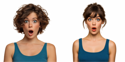 Two women with surprised expressions wearing blue tank tops against black background