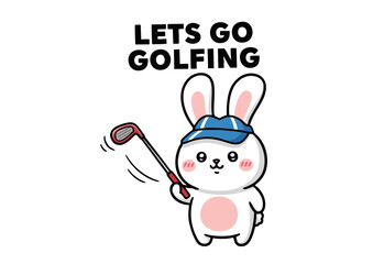 Cute Cartoon Bunny Playing Golf with a Golf Club.