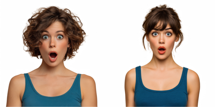 Two women with surprised expressions wearing blue tank tops against black background