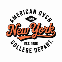 Nueva York, diseño de camisetas de Brooklyn. Diseño impreso de camisetas al estilo de la universidad estadounidense. Tipografía atlética para estampado de camisetas al estilo universitario. Vector