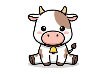 Fototapeta premium Adorable Cartoon Cow Sitting with Bell Brown Spots and Big Eyes.