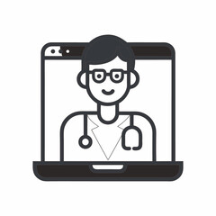 Telemedicine Laptop Icon, Minimalist Vector Symbol of Virtual Doctor Consultation