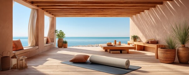 Serene outdoor relaxation area with sea view and yoga setup under pergola