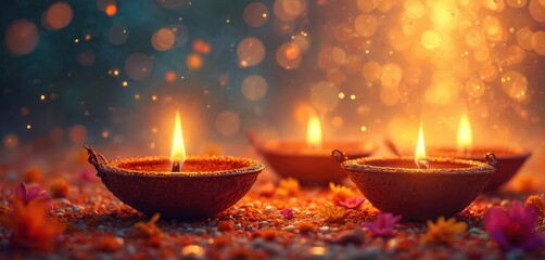 Illuminated Diwali festival celebration in India. Clay diyas burn brightly on flower petal strewn ground, creating warm, auspicious atmosphere. Festive lights, bokeh background evoke joy,