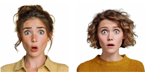 Two women with surprised expressions side by side against a black background image