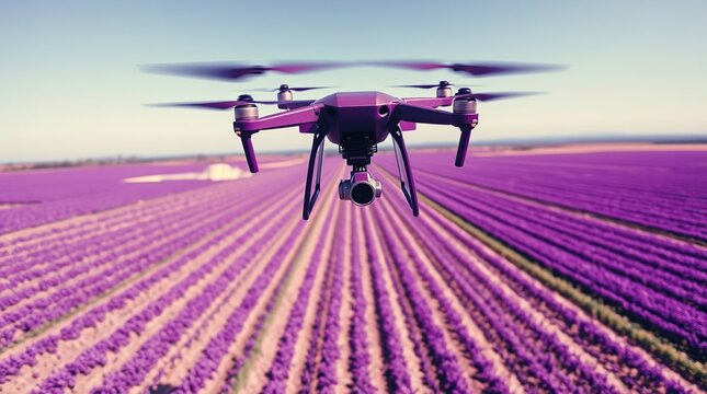 Drone flies over lavender field row