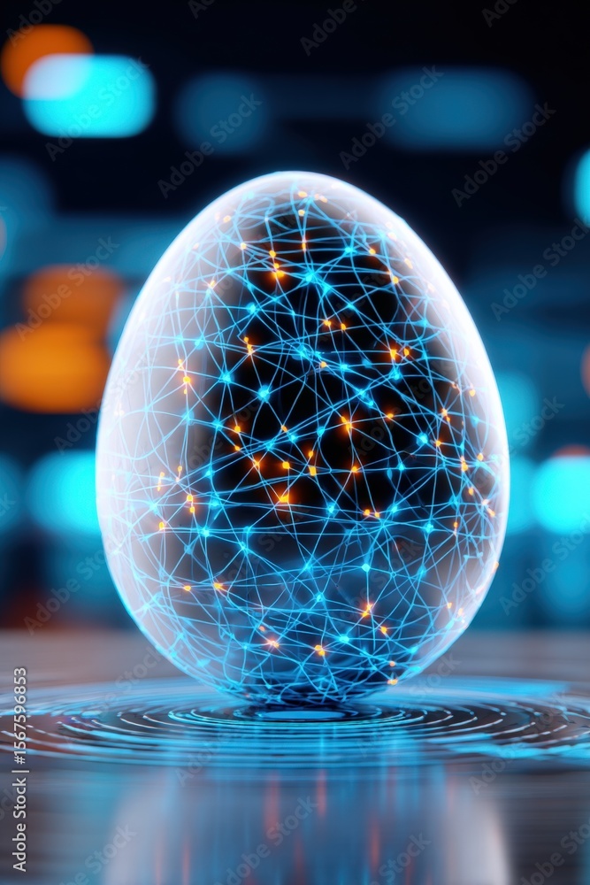 Poster Futuristic Digital Technology Concept Egg with Glowing Network of Light Lines and Data Points in Bright Blue and Orange Colors on Dark Background