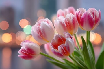 Fototapeta premium Elegant pink and white tulips with green leaves in a close-up shot against a blurred evening cityscape background with bokeh lights