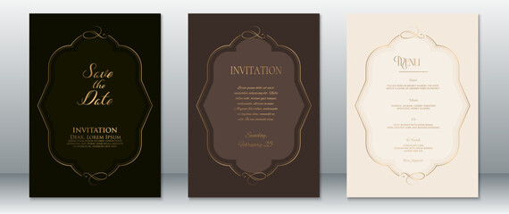 Luxurious wedding invitation and menu card designs with ornate gold frames on deep brown, black, and soft cream backgrounds. Perfect for vintage and formal events.
