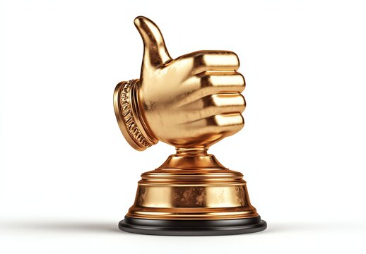 Golden thumbs up trophy on a pedestal.