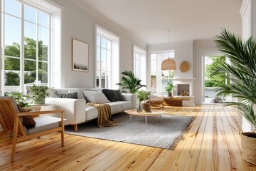 Bright and spacious Scandinavian living room interior with plants and wooden floor