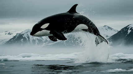 Fototapeta premium Majestic killer whale leaps from the ocean with mountains in the background