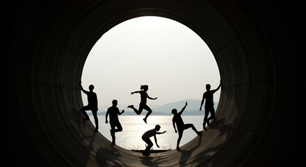 Silhouetted figures playfully interacting within the circular opening of a tunnel, enjoying the outdoors.