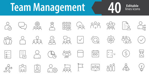 Team Management Line Icons, Team Structure, Leader, Collaboration, Group Chat, Workflow Coordination, Editable Formats: AI, EPS, PNG, JPG, Ideal for Both Digital and Print Use
