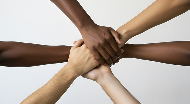 A diverse group of hands clasped together in a display of unity and teamwork.