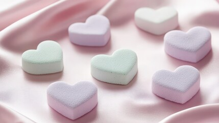 Soft Pastel Heart-Shaped Foam Decorations on Silky Fabric Surface