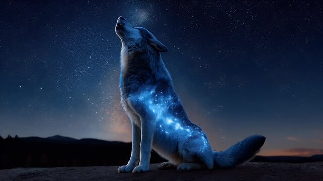Luminous wolf under night sky