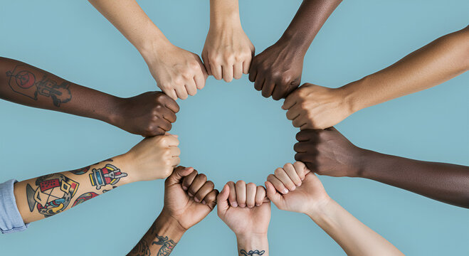Diverse hands with fists clenched in a circle, symbolizing unity and solidarity.