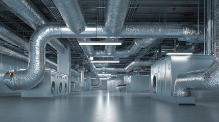 Industrial interior,  metal pipes,  ducts,  machinery.  Spacious,  modern,  under-floor infrastructure