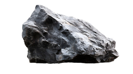 A rugged, isolated rock formation with sharp angles and textured surface on black conveys solitude.