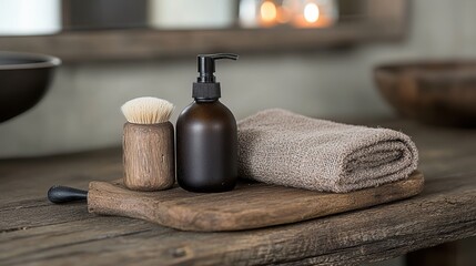 a wooden tray with a towel, soap and brush