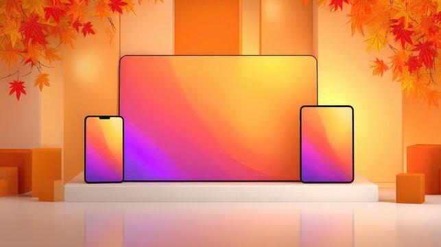 Autumnal tech display, vibrant gradient screens