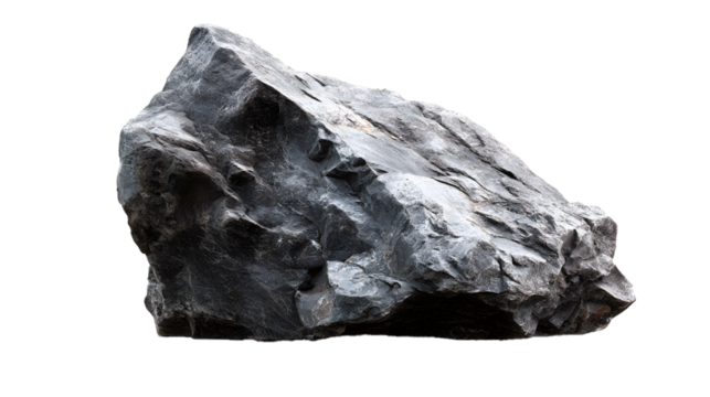 A rugged, isolated rock formation with sharp angles and textured surface on black conveys solitude.