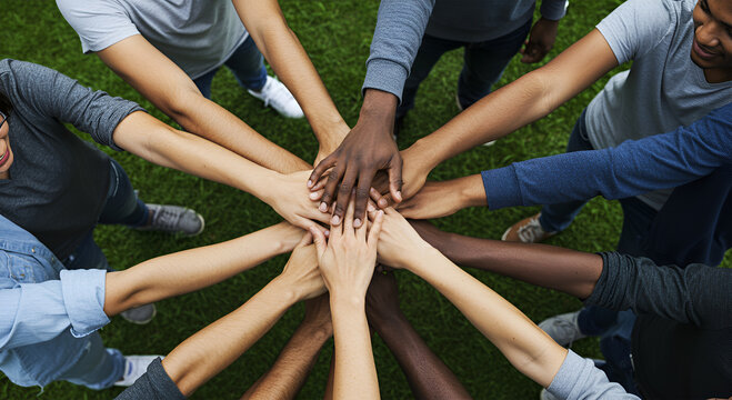 Diverse group of people joining hands in a circle outdoors, symbolizing unity and togetherness. - Powered by Adobe
