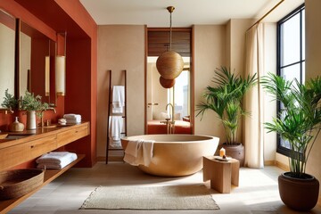 Warm-toned luxurious bathroom with a centerpiece bathtub and leafy greenery