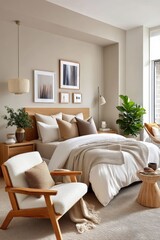 Modern cozy bedroom with neutral decor and stylish wooden furniture
