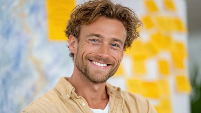 Smiling Man Portrait: A charming man with captivating smile poses, surrounded by sticky notes and strategic planning details, epitomizing enthusiasm, and innovative mindset.