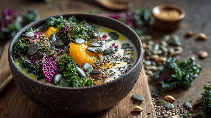 A vibrant smoothie bowl topped with finely chopped greens and seeds served in natural light for a fresh healthy vibe