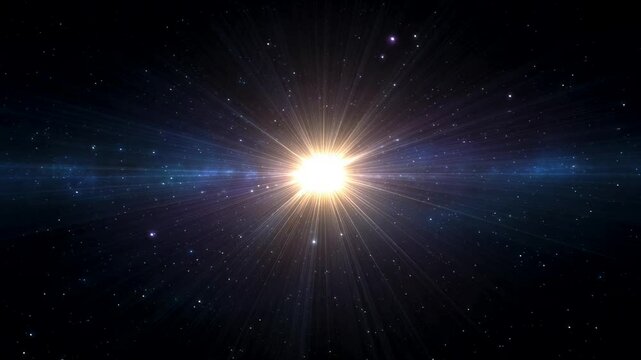 A radiant sunburst in deep space symbolizes cosmic exploration, astronomical phenomena, and the mystery of the universe features include celestial bodies and interstellar space